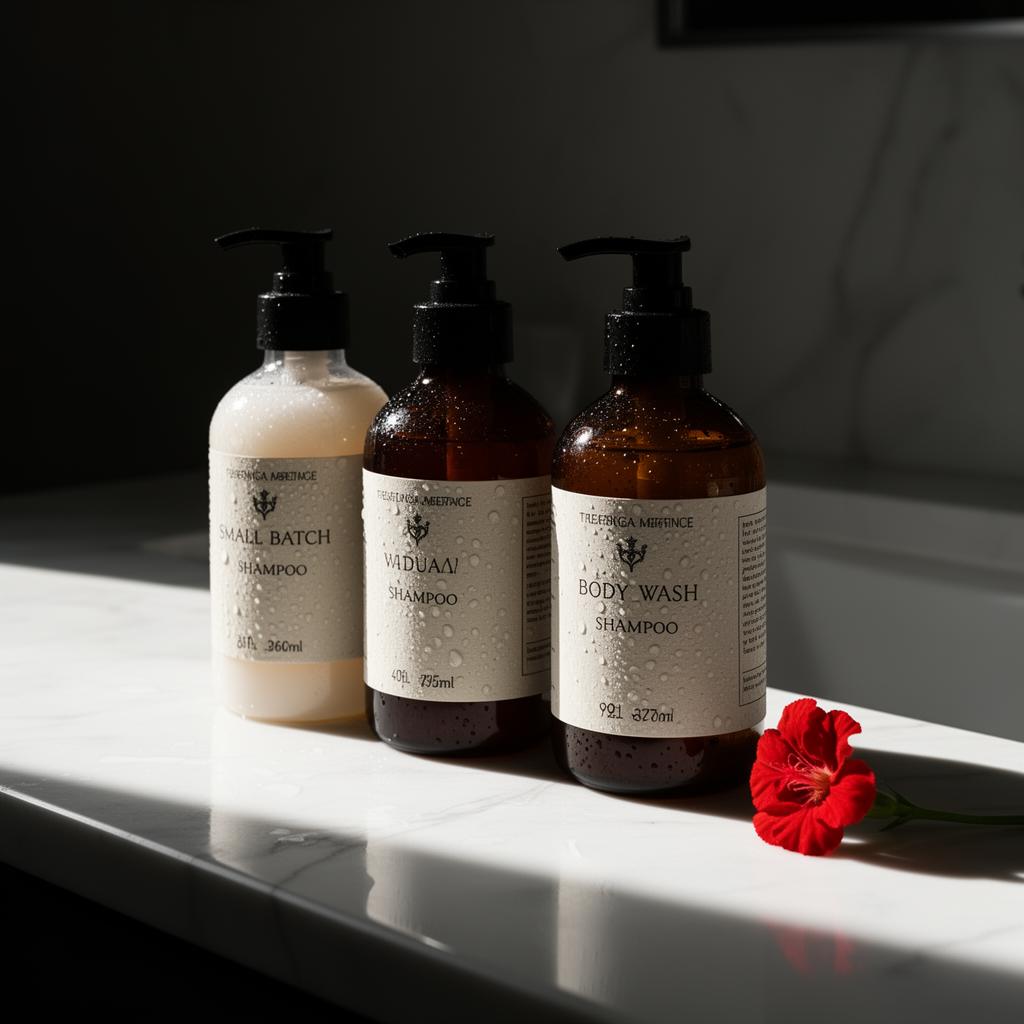 Premium guest amenity bottles — shampoo and body wash on marble